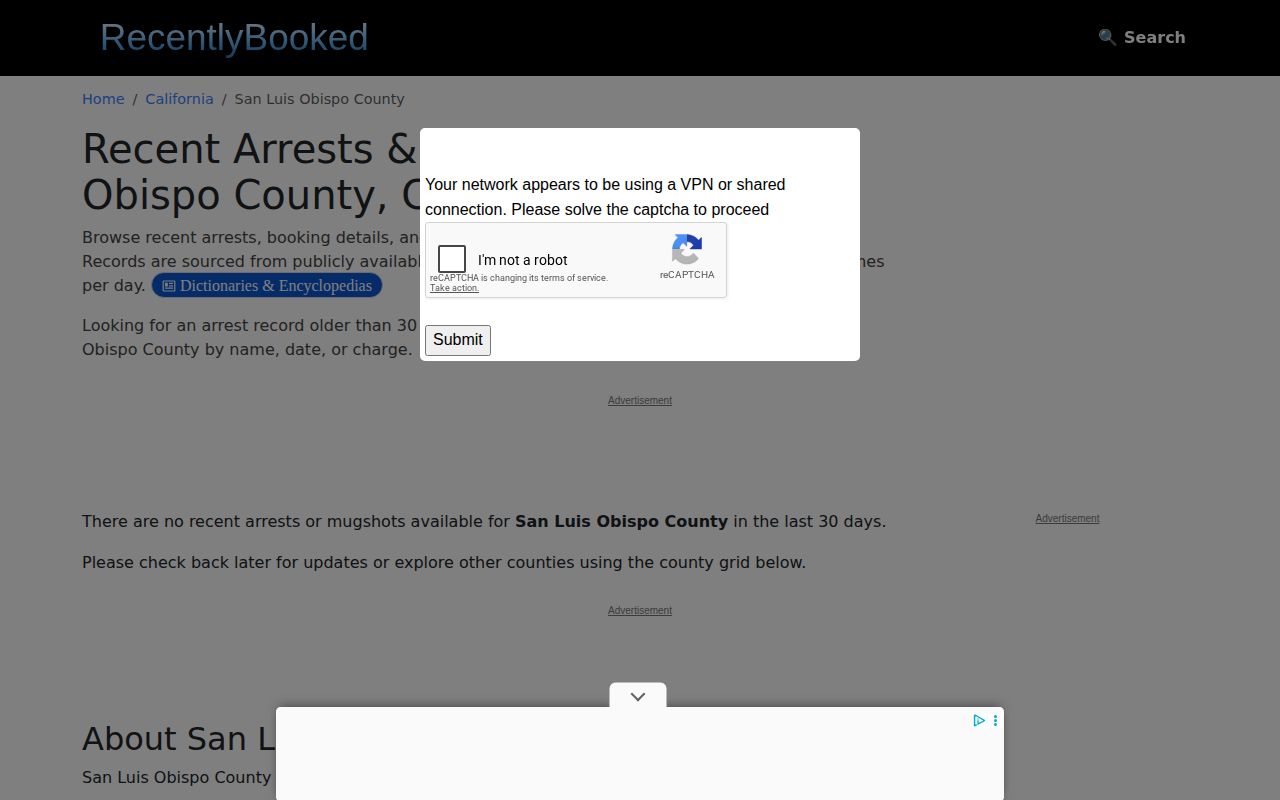 Unofficial RecentlyBooked San Luis Obispo County arrest page