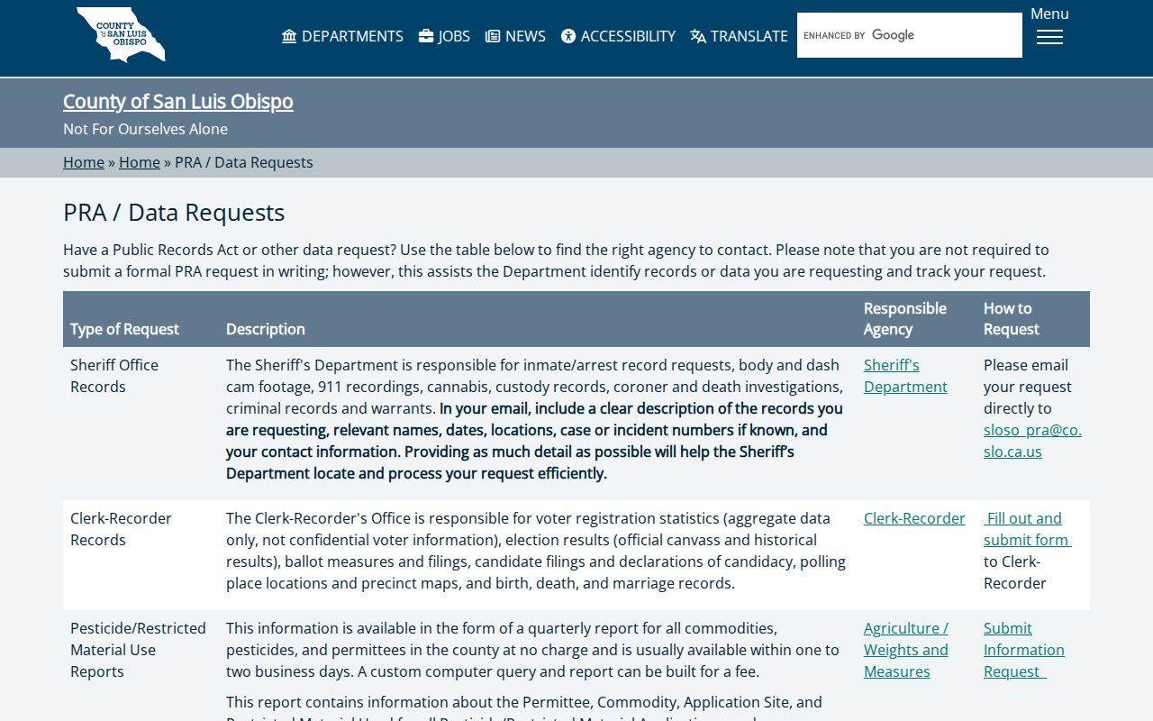 San Luis Obispo County Sheriff public arrest records request routing