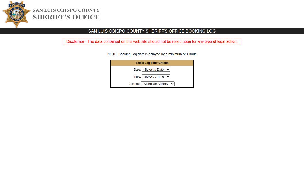 San Luis Obispo County recent booking log filters and delay notice