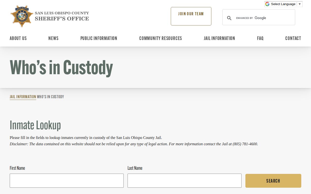 San Luis Obispo County current jail roster search form