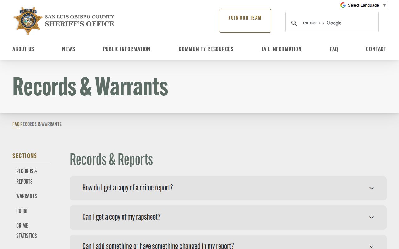 San Luis Obispo County Sheriff's warrant records FAQ