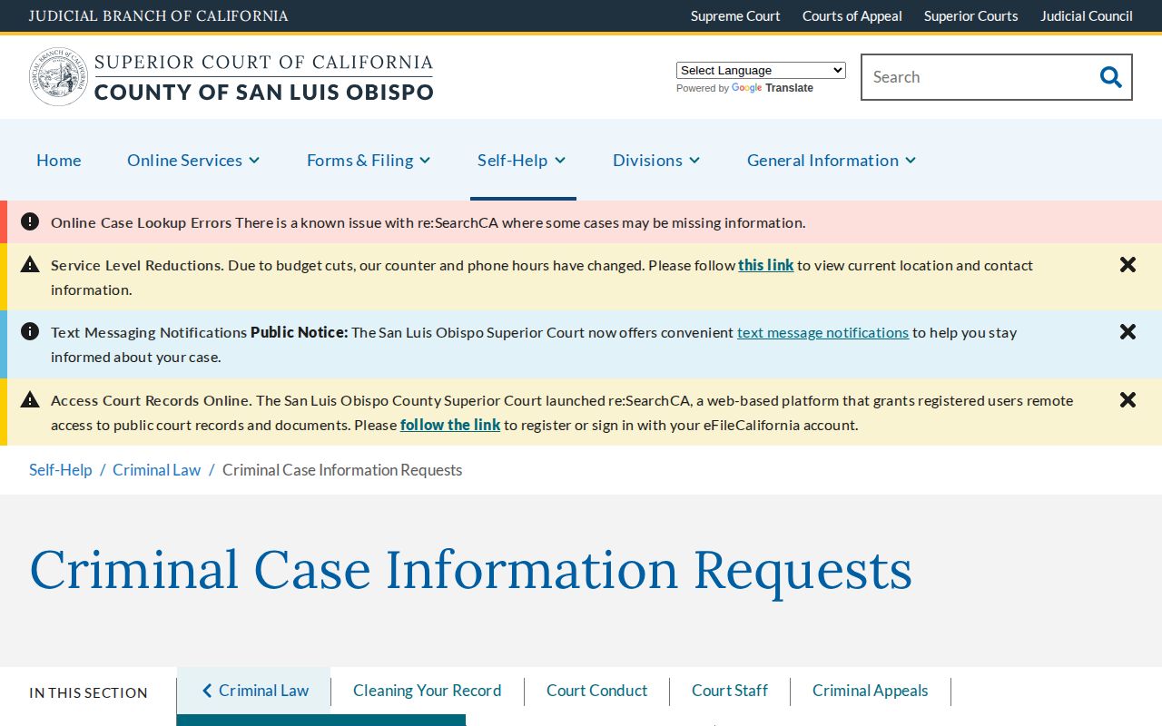 San Luis Obispo County warrant case and criminal court record request page