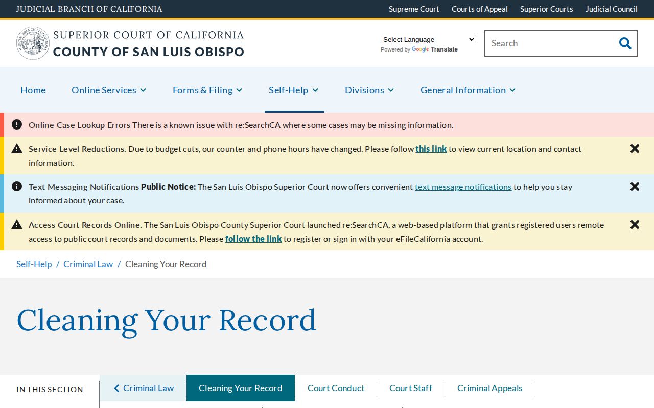 San Luis Obispo County court record-clearing information after warrant resolution