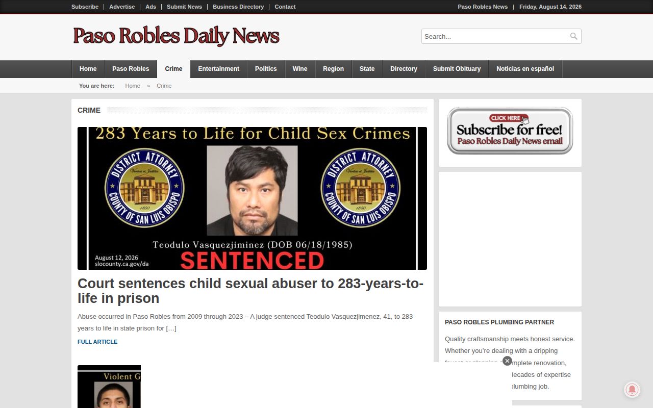 Paso Robles Daily News crime and arrest report archive